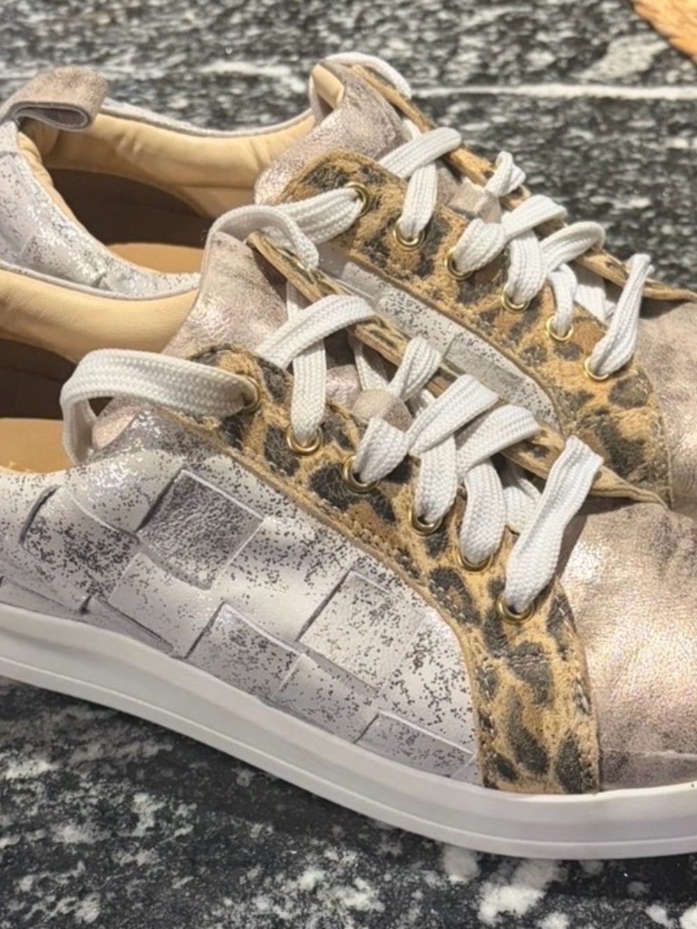 Diba True Low-Top Casual Sneakers with Leopard Accent - White/Gold Size 8